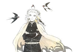 Rule 34 | 0shu 0v0, 1boy, ^ ^, animal, animal on head, animal on shoulder, belt, bird, bird on head, bird on shoulder, cape, closed eyes, closed mouth, cowboy shot, crossed arms, demon slayer uniform, closed eyes, facing viewer, flame print, forked eyebrows, happy, kimetsu no yaiba, long sleeves, male focus, medium hair, multicolored hair, on head, partially colored, print cape, rengoku kyoujurou, sidelocks, simple background, smile, solo, streaked hair, swallow (bird), white background, wind