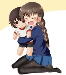 Rule 34 | 1girl, black pantyhose, black ribbon, blue skirt, blue sweater, blush stickers, braid, braided ponytail, brown hair, character doll, commentary, crying, closed eyes, full body, girls und panzer, hair ornament, hair ribbon, hairclip, highres, holding, holding stuffed toy, isobe noriko, long hair, long sleeves, miniskirt, no shoes, open mouth, pantyhose, pleated skirt, ribbon, rukuriri (girls und panzer), school uniform, single braid, sitting, skirt, solo, st. gloriana&#039;s school uniform, stuffed toy, sweater, tanutika, tearing up, wariza, white background