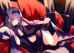 Rule 34 | 1girl, barefoot, blush, breasts, cleavage, couch, demon tail, dress, hairband, large breasts, looking away, lying, midriff, myria (7855), on side, original, pink eyes, purple dress, purple hair, smile, solo, tail, thighs
