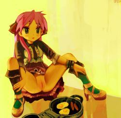 Rule 34 | 00s, 1girl, ass, breakfast, censored, clothes lift, egg, egg (food), female focus, food, fried egg, full body, high heels, hiiragi kagami, lucky star, mary janes, necktie, no panties, pink hair, pussy, shoes, sitting, skirt, skirt lift, solo, spread legs, twintails, upon thou fair cat
