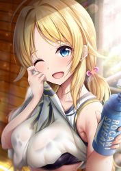 Rule 34 | 1girl, ahoge, bare shoulders, black bra, blonde hair, blue eyes, blush, bottle, bra, breasts, clothes lift, crop top, crop top lift, day, garana, giving, hachimiya meguru, hair ornament, head tilt, highres, holding, holding bottle, idolmaster, idolmaster shiny colors, indoors, large breasts, lifted by self, long hair, looking at viewer, low ponytail, open mouth, shirt lift, sidelocks, smile, solo, sports bra, star (symbol), star hair ornament, striped, striped sports bra, sunlight, sweat, underwear, upper body, wet, wet clothes, window, wiping sweat