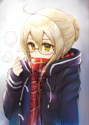 Rule 34 | 1girl, ahoge, artoria pendragon (all), artoria pendragon (fate), blonde hair, blush, covering own mouth, fate/grand order, fate (series), glasses, highres, long hair, looking at viewer, mysterious heroine x alter (fate), mysterious heroine x alter (first ascension) (fate), nayuhi (yukimuu14), plaid, plaid scarf, red scarf, saber (fate), scarf, sketch, solo, yellow eyes