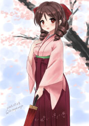 Rule 34 | 1girl, bow, brown hair, cherry blossoms, closed umbrella, dated, drill hair, feet out of frame, hair bow, hakama, harukaze (kancolle), japanese clothes, kantai collection, kimono, kitagawa mikio, looking at viewer, meiji schoolgirl uniform, oil-paper umbrella, one-hour drawing challenge, pink kimono, red bow, red eyes, red hakama, solo, tree, twin drills, twitter username, umbrella