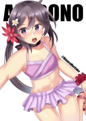 Rule 34 | 1girl, absurdres, akebono (kancolle), bare shoulders, bikini, breasts, character name, cleavage, frilled swimsuit, frills, gluteal fold, hair between eyes, highres, himura moritaka, kantai collection, large breasts, looking at viewer, midriff, navel, official alternate costume, open mouth, purple bikini, purple eyes, purple hair, scrunchie, simple background, small breasts, solo, swimsuit, teeth, twitter username, upper teeth only, white background, wrist scrunchie