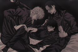 Rule 34 | 3boys, bed, blush, clenched hand, clenched teeth, crying, full-face blush, fushiguro megumi, fushirun rung, getou suguru, gojou satoru, green eyes, highres, holding another&#039;s wrist, jacket, jujutsu kaisen, korean commentary, long hair, long sleeves, looking at another, male focus, monochrome, multiple boys, on bed, one eye closed, pants, school uniform, short hair, smile, spiked hair, spread legs, stirrup legwear, sweat, tears, teeth, toeless legwear, undressing another, yaoi