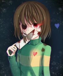 Rule 34 | androgynous, black background, blood, blood on face, bloody tears, bloody weapon, brown hair, chara (undertale), dust, empty eyes, evil smile, frisk (undertale), gender request, glowing, glowing eye, heart, hell.k, heterochromia, highres, holding, holding knife, holding weapon, knife, long sleeves, looking at viewer, parted lips, red eyes, reflection, round teeth, short hair, simple background, smile, solo, spoilers, striped clothes, striped sweater, sweater, teeth, turtleneck, undertale, upper body, weapon
