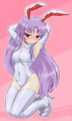Rule 34 | 1girl, animal ears, armpits, arms behind head, blush, boots, breasts, rabbit ears, covered navel, elbow gloves, full body, gloves, highleg, highleg leotard, kneeling, leotard, long hair, medium breasts, nose blush, purple hair, red eyes, reisen udongein inaba, sidelocks, solo, thigh boots, thighhighs, touhou, very long hair, white footwear, white gloves, winn