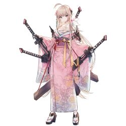 Rule 34 | 1girl, ahoge, arm strap, artist request, bare shoulders, blonde hair, brown gloves, chest sarashi, chest wrap, cleavage cutout, closed mouth, clothing cutout, collarbone, drawing sword, dual wielding, final gear, fingerless gloves, floral print, floral print kimono, floral print sash, floral print sleeves, flower, full body, geta, gloves, hair flower, hair ornament, highres, holding, holding sword, holding weapon, japanese clothes, katana, kimono, legs apart, light blush, light frown, long hair, long sleeves, looking at viewer, loose hair strand, neck, obi, obiage, obijime, off shoulder, official art, pink flower, pink kimono, pink ribbon, pink sleeves, purple sash, red ribbon, red tassel, ribbon, rin kamiuezono, sandals, sarashi, sash, sheath, sidelocks, simple background, socks, solo, sword, tabi, tachi-e, third-party source, transparent background, unsheathing, very long hair, very long sidelocks, weapon, white socks, wide sleeves, wood, yellow eyes, yellow ribbon