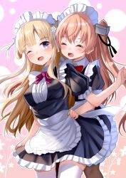 Rule 34 | 2girls, alternate costume, apron, black dress, black thighhighs, blonde hair, blush, breasts, closed eyes, double bun, dress, enmaided, fletcher (kancolle), frilled apron, frilled dress, frills, hair bun, hair ornament, hairband, highres, himura moritaka, johnston (kancolle), kantai collection, large breasts, light brown hair, long hair, maid, maid apron, maid headdress, medium breasts, multiple girls, one eye closed, pink background, puffy short sleeves, puffy sleeves, purple eyes, short sleeves, smile, star (symbol), star hair ornament, thighhighs, two side up, waist apron, white apron, white thighhighs, wrist cuffs