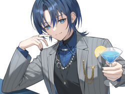 Rule 34 | 1girl, black nails, black sweater, blue eyes, blue hair, blue shirt, chain, chain necklace, closed mouth, cocktail, collared shirt, drink, food, formal, fruit, grey jacket, grey suit, hiodoshi ao, holding, holding drink, hololive, hololive dev is, jacket, jewelry, lemon, lemon slice, looking at viewer, mole, mole under mouth, n2 00345, nail polish, necklace, pinstripe jacket, pinstripe pattern, reverse trap, shirt, short hair, simple background, solo, striped clothes, striped jacket, striped suit, suit, sweater, tomboy, upper body, v-neck, vertical-striped clothes, vertical-striped jacket, virtual youtuber, white background