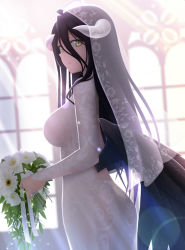 Rule 34 | 1girl, albedo (overlord), black hair, black wings, bouquet, breasts, bridal veil, commentary request, dress, flower, hair between eyes, highres, holding, holding bouquet, horns, large breasts, long hair, looking at viewer, low wings, overlord (maruyama), siraha, solo, veil, wedding dress, white dress, white horns, wings, yellow eyes