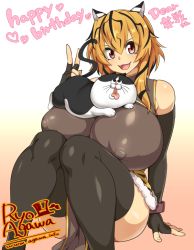 Rule 34 | 1girl, agawa ryou, animal ears, animal print, artist name, bad id, bad pixiv id, bare shoulders, black thighhighs, breasts, breasts on lap, brown eyes, cat, cat ears, covered erect nipples, elbow gloves, fingerless gloves, gigantic breasts, gloves, gradient background, happy birthday, huge breasts, long hair, looking at viewer, smile, solo, thick thighs, thighhighs, thighs, tiger print, v, watermark, web address