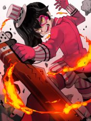 Rule 34 | 1girl, black hair, borrowed character, commentary request, evil smile, fangs, fire, gloves, heart, holding, holding weapon, katsuo (raise ha maguro), lighter, long hair, monocle, open mouth, original, puffy shorts, red gloves, shorts, side ponytail, smile, solo, striped clothes, striped shorts, thighhighs, weapon, yellow eyes