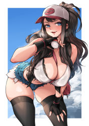 Rule 34 | 1girl, absurdres, bare shoulders, baseball cap, black gloves, black thighhighs, black vest, blue eyes, blue shorts, blue sky, blush, bra, breasts, brown hair, cleavage, creatures (company), cutoffs, denim, denim shorts, fingerless gloves, game freak, gloves, hat, high ponytail, highres, hilda (pokemon), large breasts, leaning forward, long hair, looking at viewer, naidong (artist), nintendo, open mouth, poke ball, pokemon, pokemon bw, shirt, short shorts, shorts, sidelocks, sky, sleeveless, sleeveless shirt, smile, solo, tank top, thighhighs, thighs, underwear, vest, white shirt
