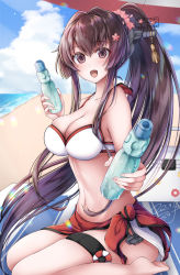 Rule 34 | beach, beach towel, bikini, black headwear, bottle, breasts, brown eyes, cherry blossoms, dated, day, hair ornament, highres, kantai collection, long hair, looking at viewer, makina00, medium breasts, open mouth, ponytail, smile, solo, swimsuit, towel, water bottle, white bikini, yamato (kancolle)