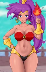Rule 34 | 1girl, bandeau, bare shoulders, breasts, cleavage, cowboy shot, dancing, dark-skinned female, dark skin, earrings, fire, gluteal fold, gummslime, highres, index finger raised, jewelry, large breasts, md5 mismatch, midriff, navel, pointy ears, purple hair, resolution mismatch, self-upload, shantae, shantae (series), solo, source larger, standing, stomach, strapless, thighs
