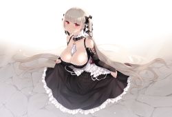 Rule 34 | 1girl, absurdres, azur lane, bare shoulders, between breasts, black dress, blush, breasts, cait aron, cleavage, collarbone, detached collar, dress, earrings, formidable (azur lane), frilled dress, frills, grey hair, highres, huge filesize, jewelry, large breasts, long hair, long sleeves, looking at viewer, red eyes, ribbon, simple background, solo, twintails, two-tone dress, two-tone ribbon, very long hair