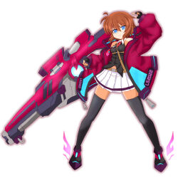 Rule 34 | 1girl, absurdres, alternate costume, arm up, black footwear, black gloves, black shirt, black thighhighs, blouse, blue eyes, boots, brown hair, coat, collared shirt, commentary request, energy cannon, fingerless gloves, frown, full body, gloves, highres, holding, holding weapon, long sleeves, looking at viewer, lyrical nanoha, stern the destructor, midriff peek, miniskirt, navel, necktie, open collar, open mouth, partial commentary, pleated skirt, purple coat, red necktie, shirt, short hair, simple background, skirt, sleeveless, sleeveless shirt, solo, standing, thighhighs, toone azuna, weapon, white background, white skirt, wing collar, zipper pull tab