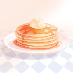 Rule 34 | commentary request, food, food focus, glint, no humans, original, pancake, pancake stack, pink background, plate, sibyl, still life, syrup