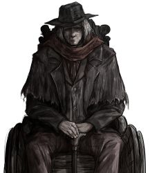 Rule 34 | 1boy, bloodborne, cane, capelet, closed mouth, coat, gehrman the first hunter, hat, highres, holding, holding cane, kankan33333, looking at viewer, male focus, old, old man, red scarf, scarf, simple background, sitting, solo, wheelchair, white background, white hair