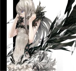 Rule 34 | 1girl, album cover, bare shoulders, black feathers, blue eyes, cover, crystal, dress, feathers, grey dress, ide, long hair, looking down, makai no juumin, original, profile, silver hair, simple background, sleeveless, sleeveless dress, solo, upper body, white background
