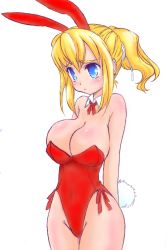 Rule 34 | 1girl, animal ears, bare legs, blonde hair, blue eyes, bow, bowtie, breasts, detached collar, fake animal ears, large breasts, leotard, long hair, original, playboy bunny, ponytail, rabbit ears, red bow, red bowtie, solo, teiou netsuaimaru