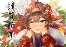 Rule 34 | 1girl, ahoge, arms up, blush, brown hair, floral background, floral print, flower, hair between eyes, hair flower, hair ornament, hairband, hands up, headgear, highres, japanese clothes, kantai collection, kimono, kongou (kancolle), konkito, long hair, long sleeves, looking at viewer, one eye closed, open mouth, purple eyes, sidelocks, smile, solo, translation request
