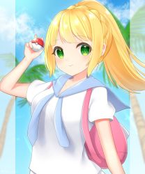 Rule 34 | 1girl, backpack, bag, banned artist, blonde hair, blue sailor collar, blurry, closed mouth, cloud, commentary request, creatures (company), day, game freak, green eyes, hand up, highres, holding, holding poke ball, lillie (pokemon), long hair, nintendo, outdoors, palm tree, pink bag, poke ball, poke ball (basic), pokemon, pokemon sm, ponytail, sailor collar, shirt, short sleeves, sky, smile, solo, takahara, tree, upper body, white shirt