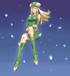 Rule 34 | 1girl, blonde hair, blue eyes, breasts, commentary request, detached sleeves, dress, elbow gloves, freya (valkyrie profile), gloves, hat, long hair, looking at viewer, medium breasts, skirt, solo, valkyrie profile (series)