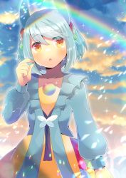 Rule 34 | 1girl, :o, blue hair, blue shirt, blue sky, braid, brown eyes, cloud, cloudy sky, commentary request, day, hair between eyes, hand up, horns, kou hiyoyo, lens flare, long sleeves, looking at viewer, original, outdoors, parted lips, puffy long sleeves, puffy sleeves, shirt, skirt, sky, solo, yellow skirt