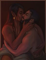 Rule 34 | 2boys, bara, beard, bismuthmagnet, black hair, brown hair, buzz cut, castlevania (series), castlevania: nocturne, couple, covering privates, dark-skinned male, dark skin, facial hair, foreplay, hand on another&#039;s neck, highres, kiss, long hair, male focus, mature male, mizrak (castlevania), multiple boys, nude cover, olrox, pointy ears, short hair, thick eyebrows, thick thighs, thighs, toned, toned male, topless male, very short hair, yaoi