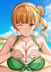 Rule 34 | 1boy, 1girl, absurdres, bare shoulders, beach, bead necklace, beads, bikini, blonde hair, blue sky, blush, breasts, closed mouth, cloud, collarbone, cum, day, ejaculation, frilled bikini, frills, green bikini, green eyes, hair bun, hairband, heanna sumire, hetero, highres, jewelry, large breasts, love live!, love live! superstar!!, mero en e, necklace, one eye closed, one side up, outdoors, paizuri, paizuri under clothes, pov, pov crotch, projectile cum, sky, smile, swimsuit, textless version, white hairband