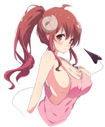 Rule 34 | 1girl, ahoge, blush, breasts, breasts day, cleavage, closed mouth, commentary request, covered erect nipples, curled horns, demon girl, demon horns, demon tail, highres, horns, large breasts, long hair, looking at viewer, machikado mazoku, mel (melty pot), pink tank top, red eyes, red hair, sideboob, simple background, solo, sweat, tail, tank top, upper body, white background, yoshida yuuko (machikado mazoku)