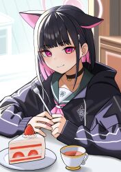 Rule 34 | 1girl, absurdres, animal ears, black choker, black hair, blue archive, blue jacket, booth seating, cake, cat ears, choker, closed mouth, collarbone, cup, food, fork, halo, highres, indoors, jacket, kazusa (blue archive), light blush, looking at viewer, momocadraw, multicolored hair, neckerchief, pink eyes, pink hair, pink neckerchief, sailor collar, sitting, smile, solo, strawberry shortcake, table, tea, teacup, two-tone hair