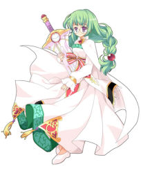 Rule 34 | 1girl, bow, braid, brooch, cape, dress, full body, glasses, green hair, hair ornament, hairpin, jewelry, katachi yumiyuri, long hair, lowres, philia felice, ponytail, purple eyes, ribbon, round eyewear, shoes, simple background, single braid, solo, sword, tales of (series), tales of destiny, weapon, white background, white dress, wing brooch