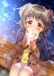Rule 34 | 1girl, :o, akagi miria, black hair, blue jacket, blush, brown coat, brown eyes, coat, commentary request, cup, disposable cup, hair ornament, hair scrunchie, highres, holding, holding cup, idolmaster, idolmaster cinderella girls, jacket, jacket on shoulders, open clothes, open coat, parted lips, pink scrunchie, regular mow, scrunchie, shirt, sitting, skirt, solo, steam, two side up, white skirt, yellow shirt