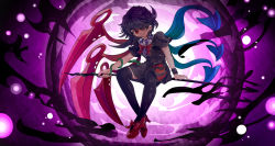 Rule 34 | 1girl, asymmetrical wings, black dress, black hair, black thighhighs, bow, bowtie, commentary request, dress, footwear bow, full body, hair over one eye, high heels, highres, holding, holding weapon, houjuu nue, ichirugi, looking at viewer, polearm, red bow, red bowtie, red eyes, red footwear, shoes, short dress, short sleeves, smile, snake, solo, thighhighs, touhou, trident, weapon, wings, wrist cuffs