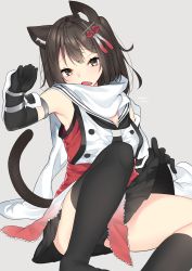 Rule 34 | 1girl, animal ears, armlet, asymmetrical legwear, black gloves, black hair, black legwear, black neckwear, black skirt, brown eyes, buttons, cat ears, cat tail, d:, double-breasted, elbow gloves, fang, gloves, grey background, hair ornament, highres, kantai collection, looking at viewer, miniskirt, nebusoku, open mouth, pleated skirt, scarf, sendai (kancolle), sendai kai ni (kancolle), simple background, sitting, skirt, sleeveless, solo, tail, uneven legwear, white scarf