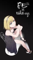 Rule 34 | 1girl, aya brea, bare legs, bare shoulders, black dress, black footwear, black hairband, blonde hair, blue eyes, breasts, chair, cleavage, clock1231, closed mouth, cosette schneider, cosplay, dress, full body, hairband, high heels, highres, legs, looking at viewer, parasite eve, short hair, sitting, solo, takt op.