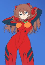 Rule 34 | 1girl, :/, absurdres, arms up, blue background, blue eyes, bodysuit, brown hair, curvy, from below, hair between eyes, hands in hair, hands in own hair, highres, interface headset, lens flare, looking at viewer, narrowed eyes, neon genesis evangelion, outdoors, pilot suit, plugsuit, red bodysuit, slammo, solo, souryuu asuka langley, standing, thick thighs, thighs, wide hips