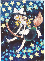 Rule 34 | 1girl, apron, bamboo broom, bobby socks, bow, braid, broom, broom riding, dated, female focus, hair bow, hat, kirisame marisa, mary janes, mosho, riding, shoes, signature, socks, solo, star (symbol), touhou, traditional media, white socks, witch, witch hat