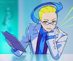 Rule 34 | 1boy, blonde hair, blue hair, colress (pokemon), creatures (company), game freak, glasses, gloves, lab coat, looking at viewer, male focus, meloni shvarts, multicolored hair, necktie, nintendo, pokemon, pokemon bw2, signature, solo, two-tone hair, upper body, white gloves, yellow eyes