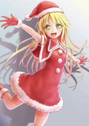 Rule 34 | 1girl, bang dream!, blue eyes, bow, commentary request, dress, fur trim, gloves, hat, lic (licloud28), long hair, looking at viewer, open mouth, red dress, red footwear, red gloves, santa costume, santa dress, santa hat, simple background, smile, solo, standing, standing on one leg, tsurumaki kokoro, white background