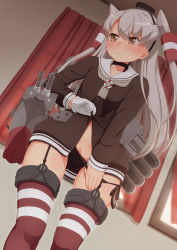 Rule 34 | 10s, 1girl, amatsukaze (kancolle), blush, brown eyes, censored, clitoris slip, clothes lift, dress, dress lift, garter straps, highres, kantai collection, lifted by self, long hair, panties, panty pull, personification, pussy, pussy peek, sailor dress, short dress, side-tie panties, silver hair, skirt, skirt lift, solo, striped clothes, striped thighhighs, tachimi (basue), thighhighs, twintails, two side up, underwear