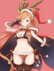 Rule 34 | 10s, 1girl, alternate costume, black gloves, black thighhighs, bow, breasts, brown hair, cape, christmas, christmas ornaments, clarisse (granblue fantasy), cleavage, cloak, closed mouth, cowboy shot, fur-trimmed cape, fur-trimmed gloves, fur trim, gloves, granblue fantasy, hair ornament, hat, highres, hood, hood down, hooded cloak, leaf, long hair, looking at viewer, m/, midriff, navel, one eye closed, panties, pom pom (clothes), ponytail, red background, red bow, red hat, red panties, red ribbon, ribbon, santa costume, santa hat, smile, solo, swept bangs, thigh gap, thighhighs, tobi-mura, underwear, wide hips