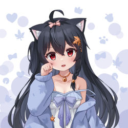 Rule 34 | 1girl, absurdres, ahoge, animal ears, bell, black hair, blue cardigan, blush, bow, braid, cardigan, cat ears, cat girl, collarbone, dress, eleven-sora, hair between eyes, hair bow, hair ornament, hairpin, hand up, highres, long hair, looking at viewer, neck bell, off shoulder, one side up, open cardigan, open clothes, open mouth, original, paw pose, pink bow, red eyes, solo, spaghetti strap, standing, strap slip, teeth, upper body, upper teeth only, white dress