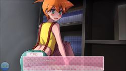 Rule 34 | 1girl, ass, blush, breasts, creatures (company), denim, denim shorts, doki doki literature club, game freak, gen 1 pokemon, green eyes, holding, looking at viewer, looking back, mgx0, misty (pokemon), nintendo, orange hair, parody, pokemon, pokemon (anime), pokemon (classic anime), pokemon (creature), short hair, shorts, side ponytail, small breasts, suspenders