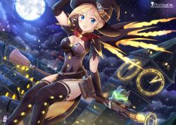 Rule 34 | 1girl, :d, arm at side, artist name, blonde hair, blue eyes, blush, book, breasts, brooch, broom, broom riding, brown gloves, brown hat, brown thighhighs, building, capelet, chinchongcha, cleavage, clock, clock tower, cloud, cloudy sky, commentary, cowboy shot, deviantart username, dress, earrings, elbow gloves, eyelashes, flying, full moon, gloves, halloween, halloween costume, hand on headwear, hand up, hat, hat belt, house, jack-o&#039;-lantern, jack-o&#039;-lantern earrings, jewelry, looking at viewer, mechanical wings, medium breasts, mercy (overwatch), moon, night, night sky, official alternate costume, open mouth, outdoors, overwatch, overwatch 1, pelvic curtain, short hair, short sleeves, sidesaddle, sitting, sky, smile, solo, spread wings, star (sky), starry sky, thighhighs, tower, watermark, web address, wings, witch, witch hat, witch mercy, yellow wings