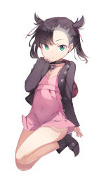 Rule 34 | &gt;:), 1girl, asymmetrical bangs, backpack, bag, black footwear, black hair, black jacket, boots, breasts, cleavage, closed mouth, commentary request, creatures (company), dress, earrings, full body, game freak, green eyes, hair ribbon, hand up, high heel boots, high heels, highres, jacket, jewelry, long sleeves, looking at viewer, marnie (pokemon), newey, nintendo, open clothes, open jacket, pinching sleeves, pink dress, pokemon, pokemon swsh, red ribbon, ribbon, simple background, sleeves past wrists, small breasts, smile, solo, twintails, v-shaped eyebrows, white background