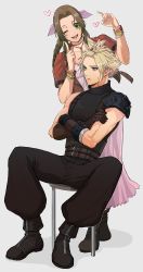 Rule 34 | 1boy, 1girl, absurdres, aerith gainsborough, alternate hairstyle, aqua eyes, arm up, armor, baggy pants, bandaged arm, bandages, bangle, beckey9415, belt, blonde hair, boots, bracelet, braid, braided ponytail, brown hair, choker, cloud strife, collarbone, crossed arms, dress, earrings, final fantasy, final fantasy vii, final fantasy vii remake, full body, gloves, green eyes, grey background, hair ornament, hair ribbon, hairpin, heart, highres, jacket, jewelry, long dress, multiple belts, muscular, muscular male, one eye closed, open mouth, pants, parted bangs, pink dress, pink ribbon, pointing, red jacket, ribbon, short sleeves, shoulder armor, sidelocks, single earring, sitting, sleeveless, sleeveless turtleneck, smile, square enix, stool, suspenders, sweatdrop, teeth, turtleneck, upper teeth only, wavy hair